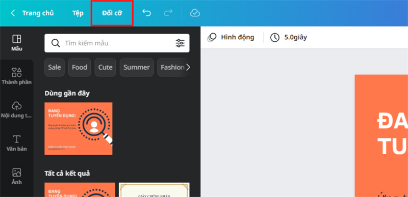 Sử dụng tính năng Resize