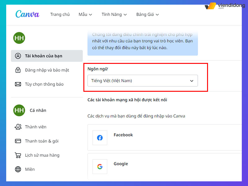 Giao diện Canva bằng tiếng Việt