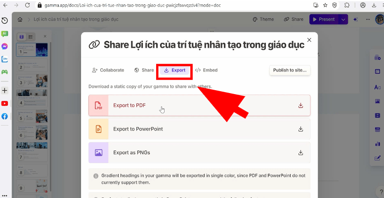 Cách xuất file slide trong Gamma AI