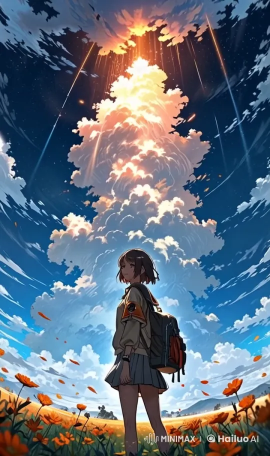 静かな空: 日光を浴びた雲と揺れる花々のアニメーションされたLive2D風景 – AI Generated Video | Hailuo AI