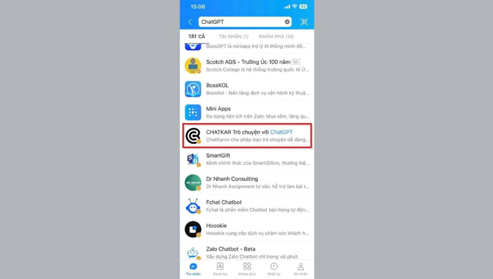Gõ "ChatGPT" trên thanh tìm kiếm của Zalo