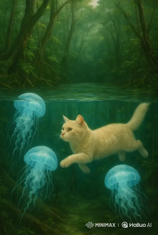 Mèo bơi Почемtinh cùng jellyfish trong Rừng phù thủy – AI Generated Video |  Hailuo AI