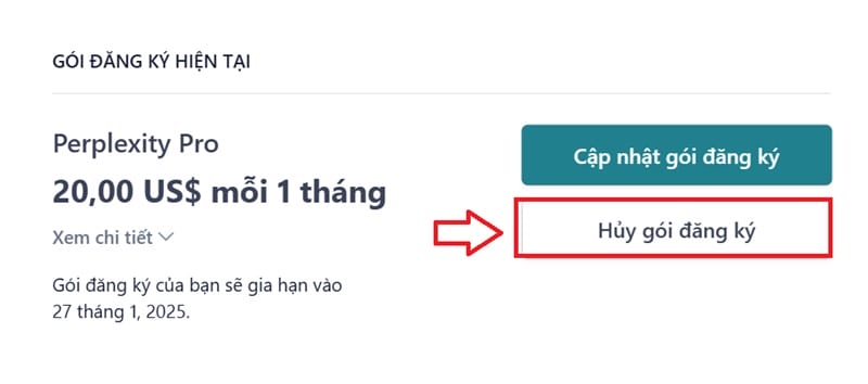 Hủy gói Perplexity Pro