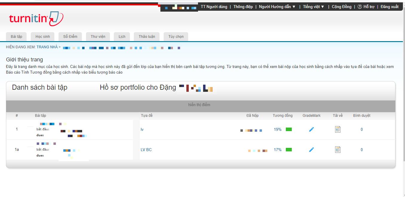 Giao diện dashboard của Turnitin