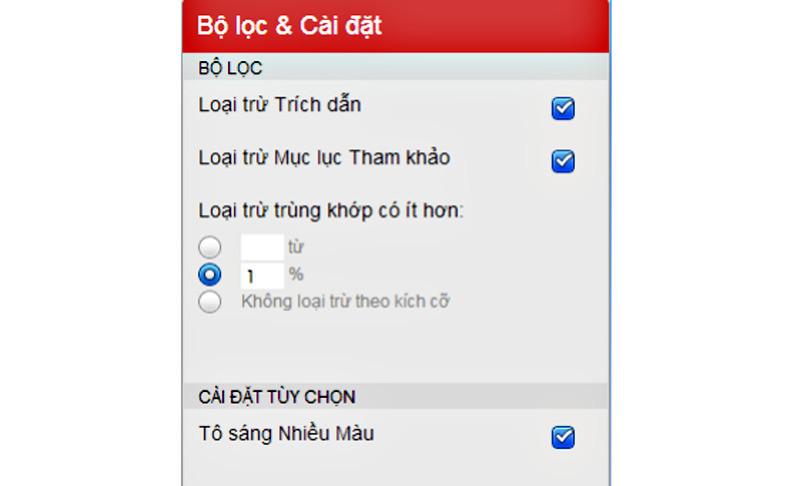 Tùy chọn bộ lọc Turnitin