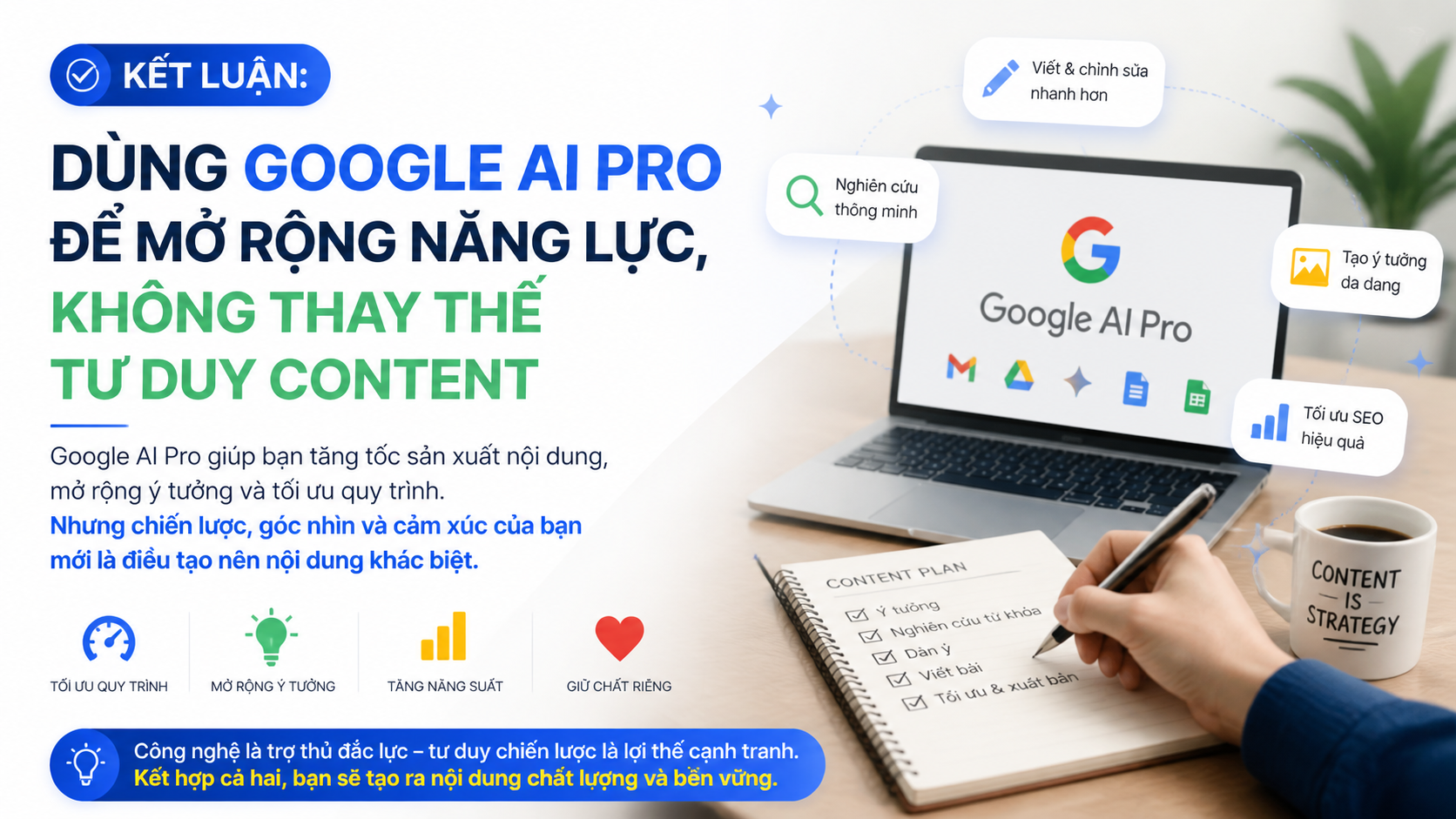 Kết luận: Dùng Google AI Pro để mở rộng năng lực, không thay thế tư duy content - google ai pro cho content