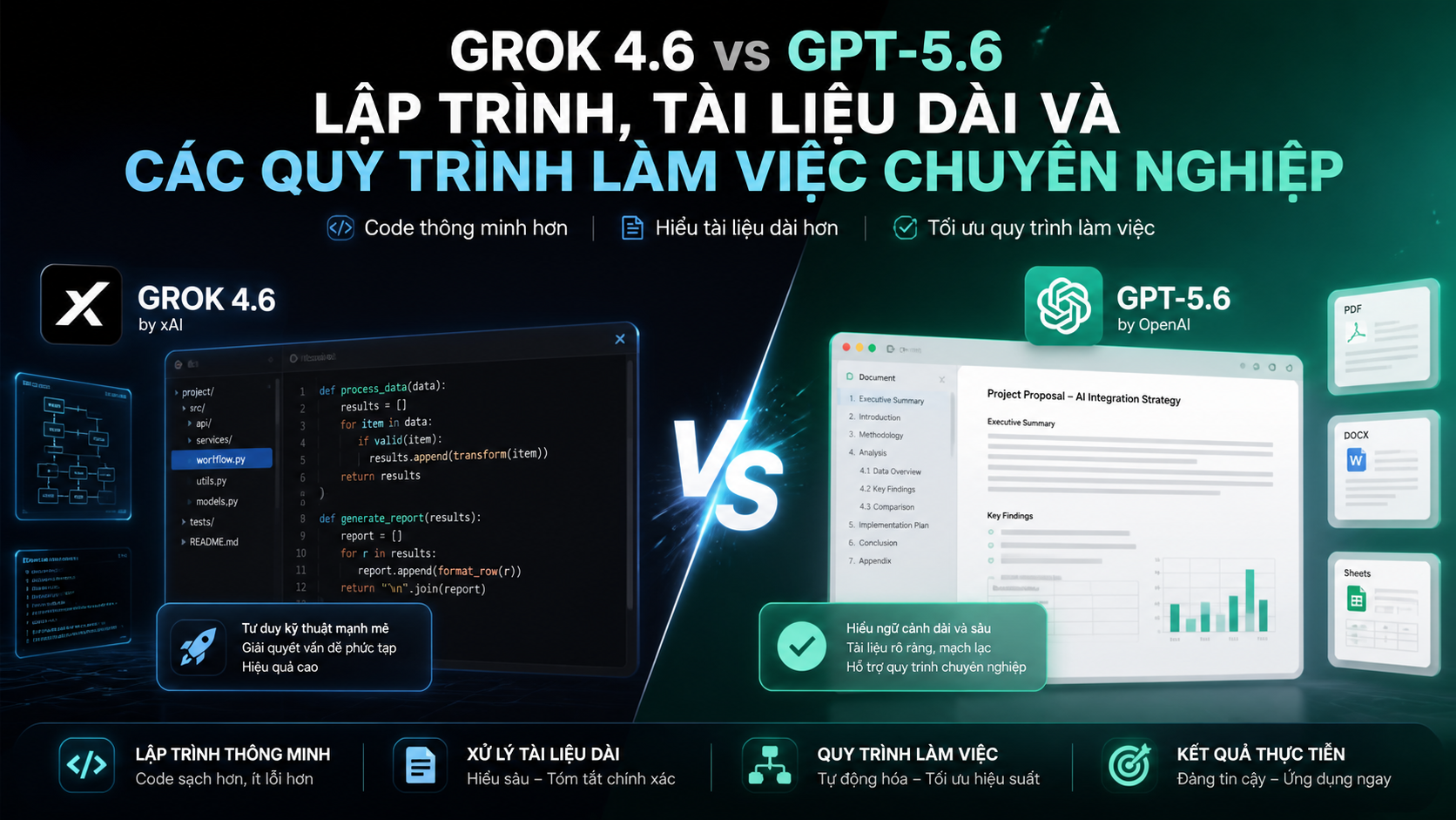 Lập trình, tài liệu dài và các quy trình làm việc chuyên nghiệp Lập trình, tài liệu dài và các quy trình làm việc chuyên nghiệp - Grok 4.6 vs GPT-5.6