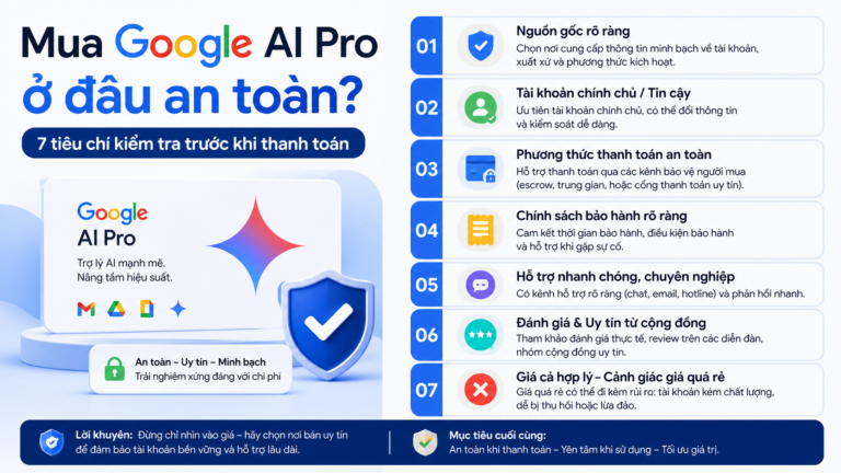 Mua Google AI Pro ở đâu an toàn? 7 tiêu chí kiểm tra trước khi thanh toán