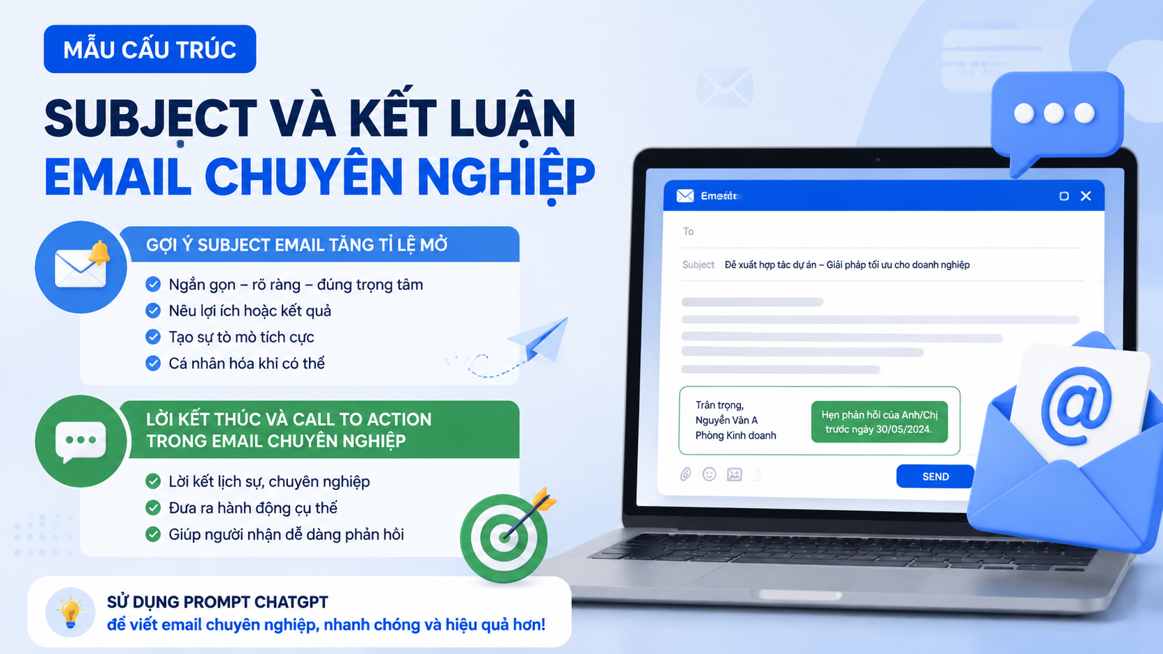 Mẫu cấu trúc subject và kết luận email - viết email bằng chatgpt