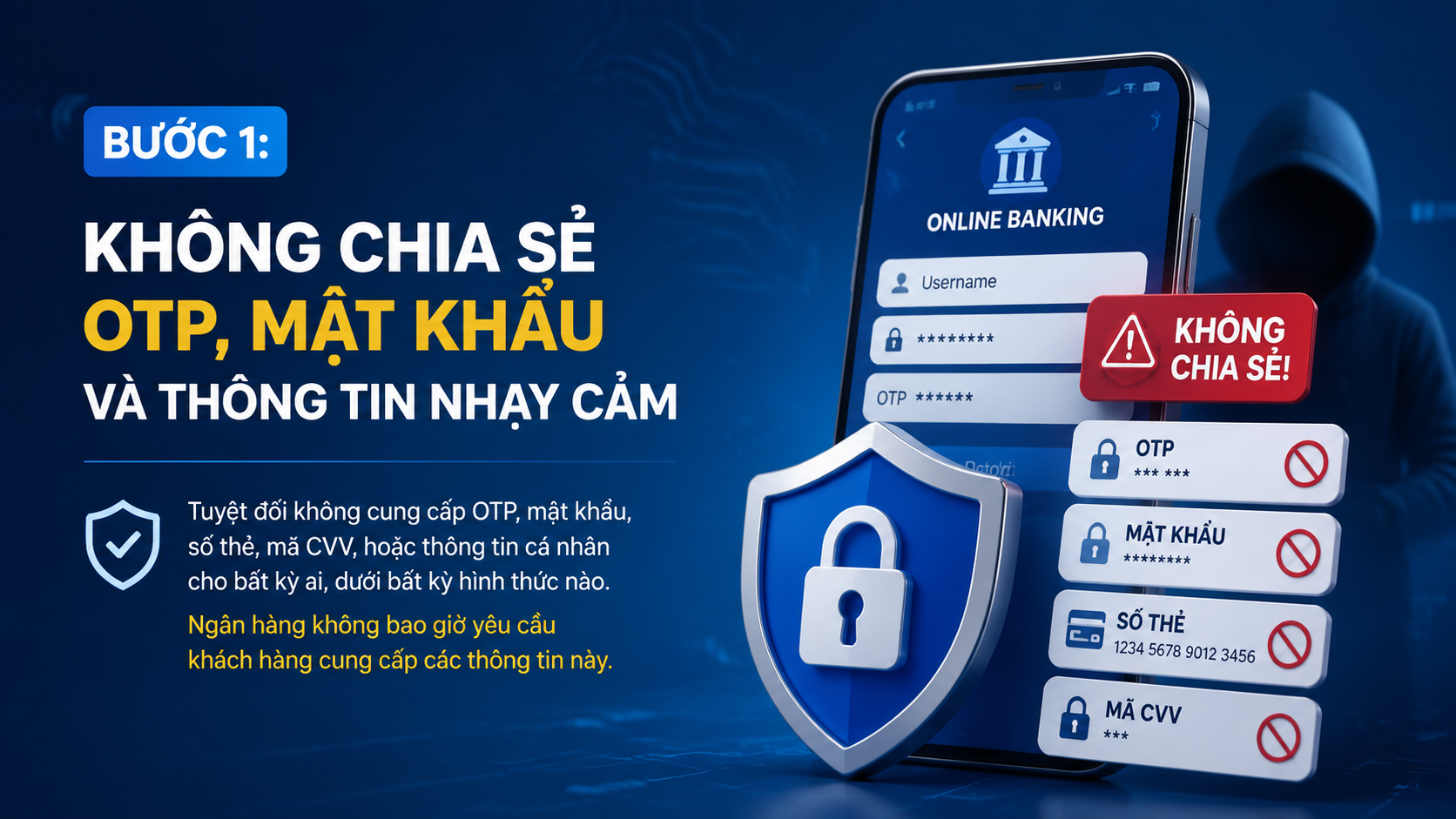 Bước 1: Không chia sẻ OTP, mật khẩu và thông tin nhạy cảm - bảo vệ tài khoản ngân hàng
