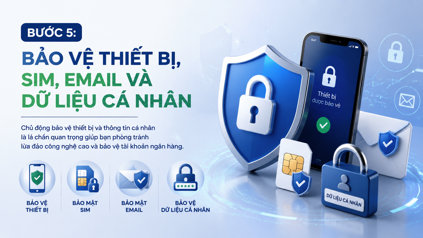 Bước 5: Bảo vệ thiết bị, SIM, email và dữ liệu cá nhân - bảo vệ tài khoản ngân hàng