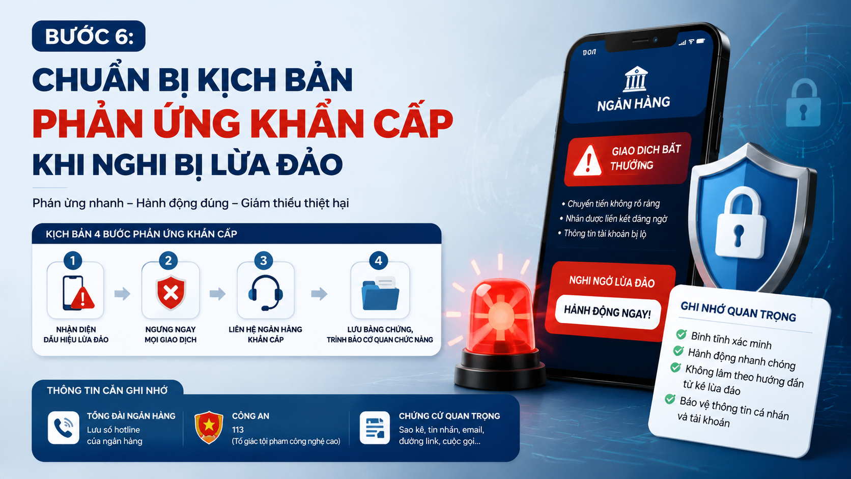 Bước 6: Chuẩn bị kịch bản phản ứng khẩn cấp khi nghi bị lừa đảo - bảo vệ tài khoản ngân hàng