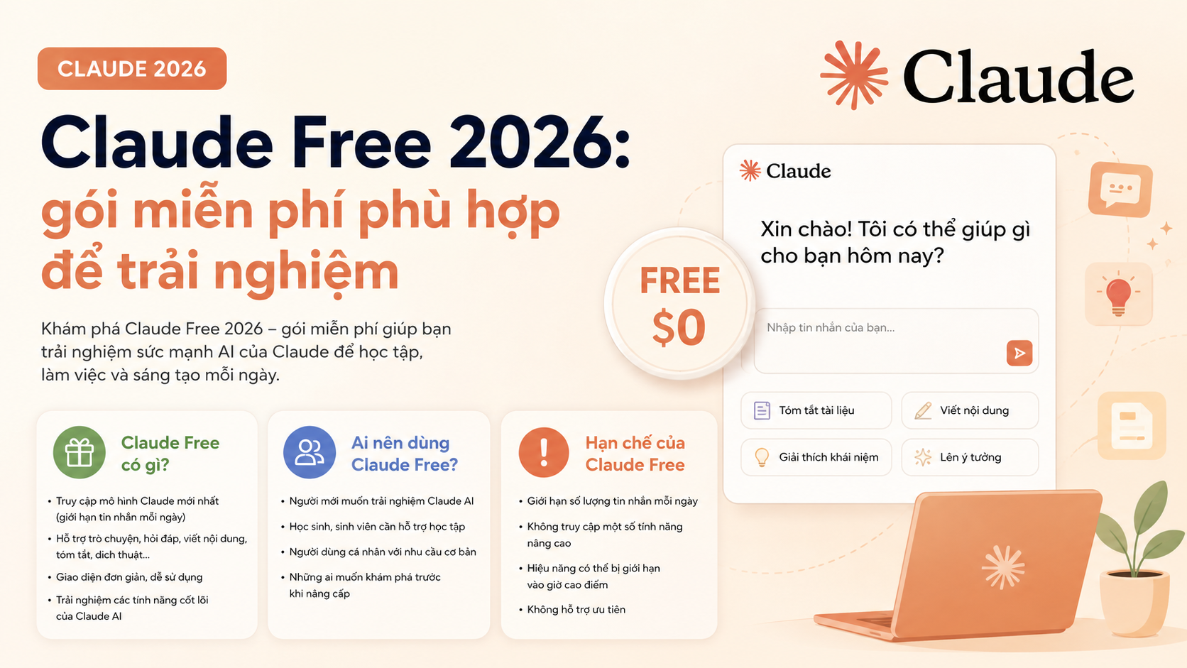 Claude Free 2026: gói miễn phí phù hợp để trải nghiệm - các gói claude 2026