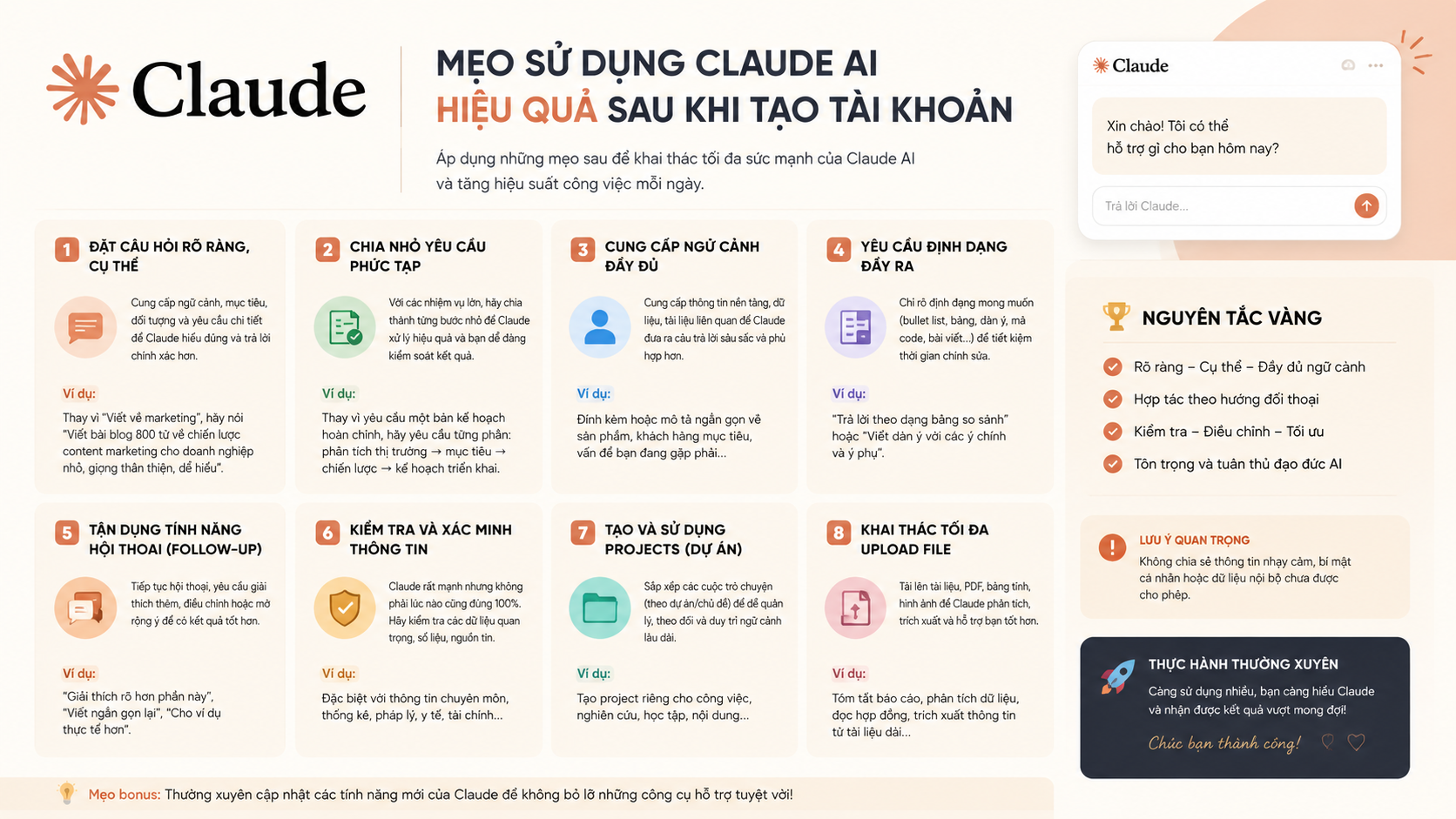 Mẹo sử dụng Claude AI hiệu quả sau khi tạo tài khoản Mẹo sử dụng Claude AI hiệu quả sau khi tạo tài khoản - Cách đăng ký tài khoản Claude AI tại Việt Nam 2026 (dùng số +84, không cần VPN)