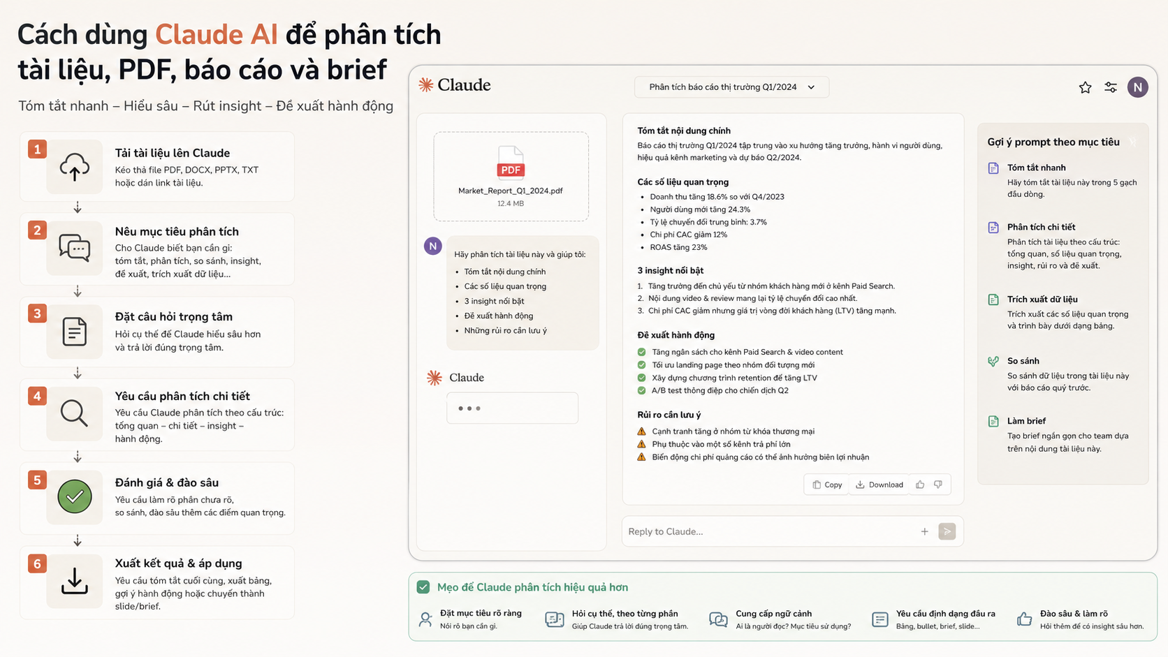 Cách dùng Claude AI để phân tích tài liệu, PDF, báo cáo và brief - Cách dùng Claude AI cho công việc: viết email, phân tích tài liệu, lập kế hoạch