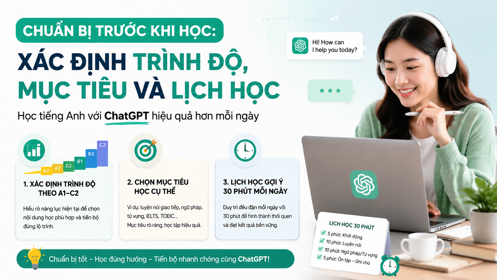 Chuẩn bị trước khi học: Xác định trình độ, mục tiêu và lịch học - học tiếng anh với chatgpt