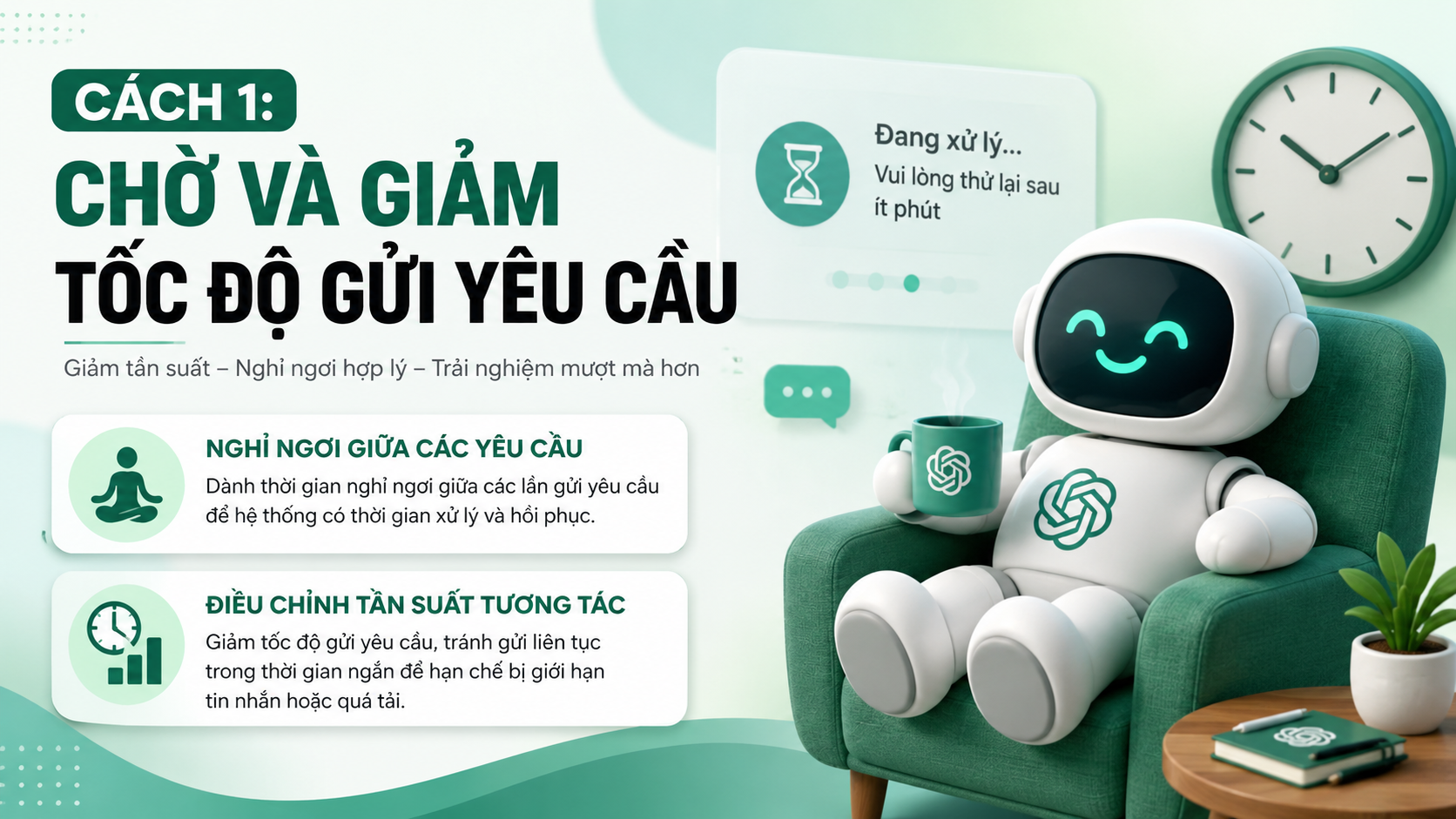 Cách 1: Chờ và giảm tốc độ gửi yêu cầu Cách 1: Chờ và giảm tốc độ gửi yêu cầu - chatgpt giới hạn tin nhắn