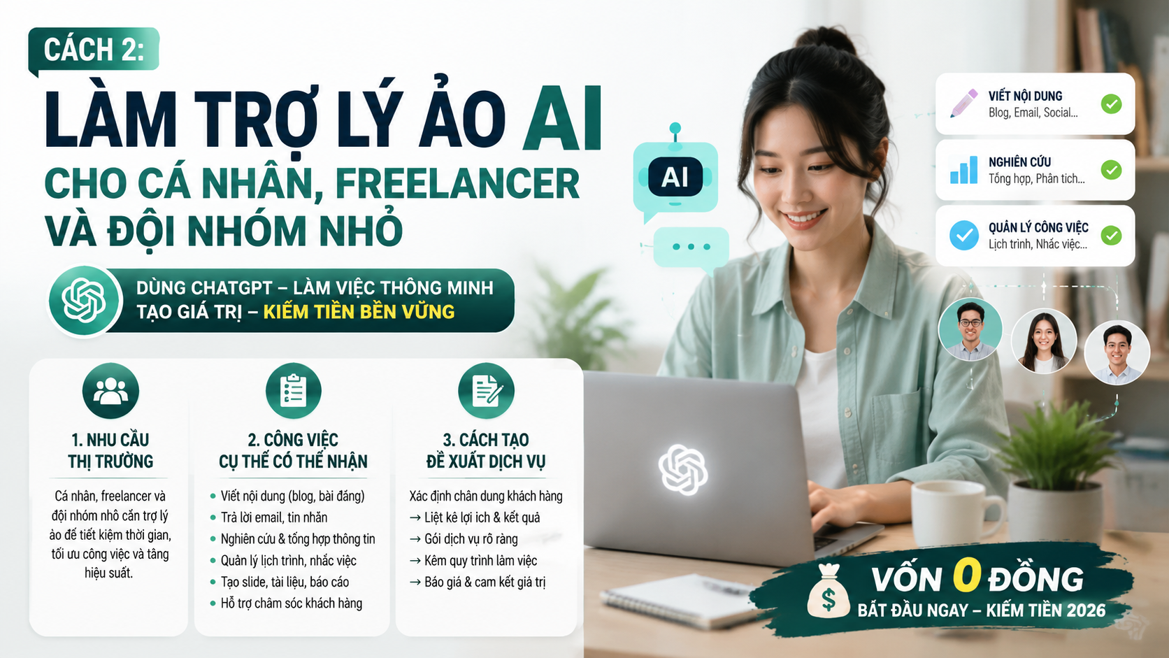 Cách 2: Làm trợ lý ảo AI cho cá nhân, freelancer và đội nhóm nhỏ - kiếm tiền với chatgpt