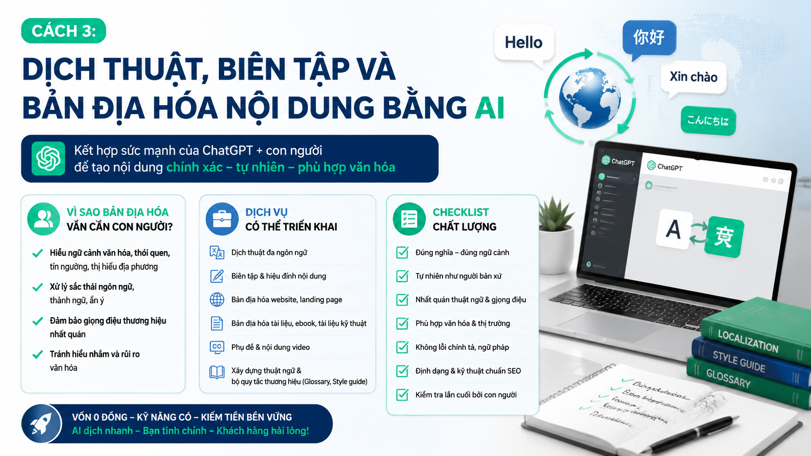 Cách 3: Dịch thuật, biên tập và bản địa hóa nội dung bằng AI - kiếm tiền với chatgpt