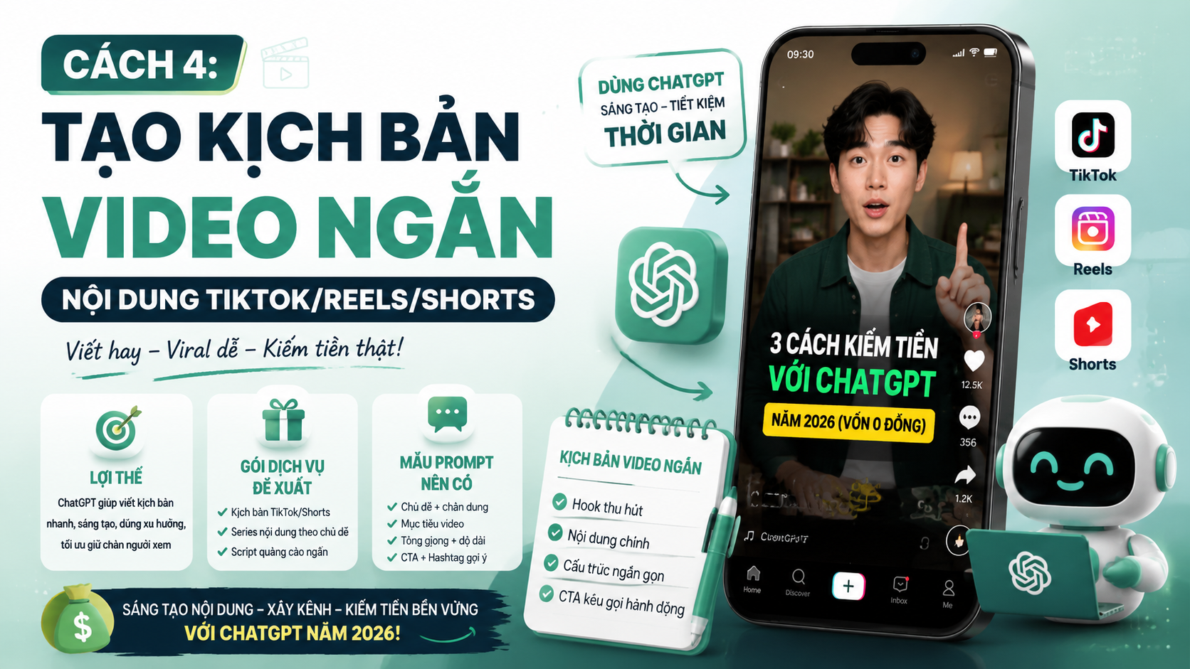 Cách 4: Tạo kịch bản video ngắn, nội dung TikTok/Reels/Shorts - kiếm tiền với chatgpt