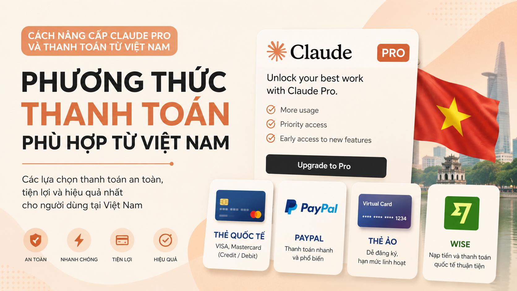 Phương thức thanh toán phù hợp từ Việt Nam Phương thức thanh toán phù hợp từ Việt Nam - cách nâng cấp claude pro