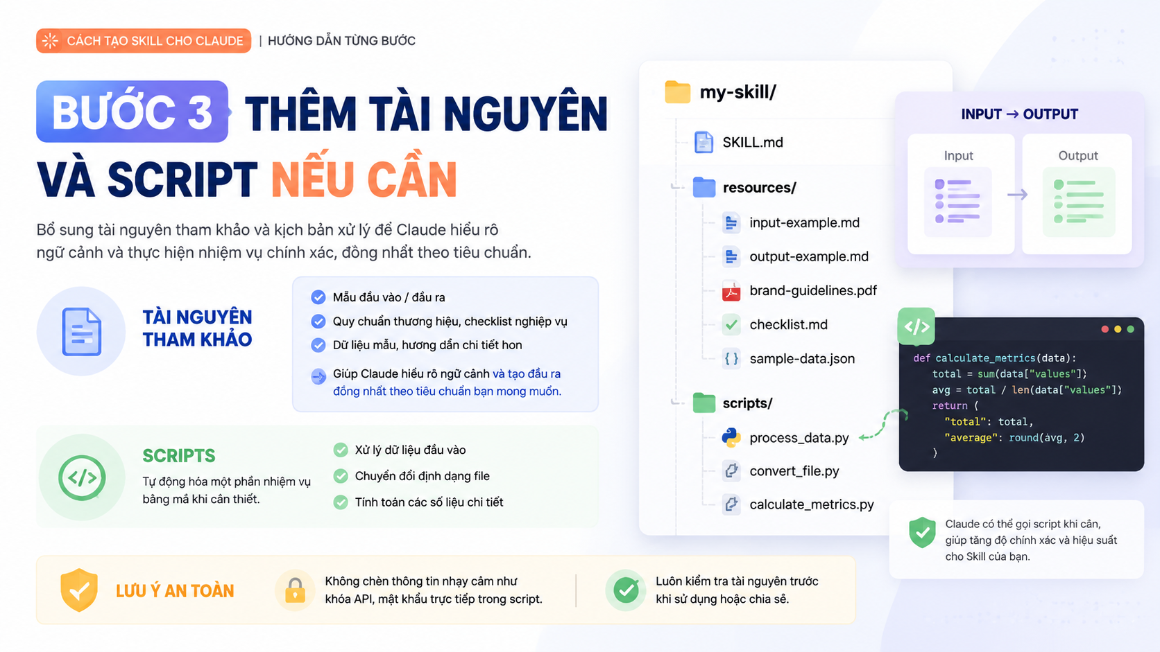 Bước 3: Thêm tài nguyên và script nếu cần Sau khi đã có tệp SKILL.md cơ bản cho việc thực hiện nhiệm vụ, bước tiếp theo trong cách tạo Skill cho Claude là bổ sung tài nguyên tham khảo và kịch bản xử lý nếu cần. Tài nguyên tham khảo có thể là mẫu đầu vào/đầu ra, quy chuẩn thương hiệu, checklist nghiệp vụ, dữ liệu mẫu hoặc các hướng dẫn chi tiết hơn. Những tài liệu này giúp Claude hiểu rõ ngữ cảnh cụ thể và tạo đầu ra đồng nhất theo tiêu chuẩn bạn mong muốn. Nếu nhiệm vụ bạn đang giải quyết có thể được tự động hóa một phần bằng mã, chẳng hạn xử lý dữ liệu đầu vào, chuyển đổi định dạng file hay tính toán các số liệu chi tiết, bạn có thể thêm phần scripts/ trong thư mục Skill và viết kịch bản theo chuẩn mà Claude có thể gọi tới. Tuy nhiên, bạn cần cân nhắc yếu tố an toàn: không nên chèn thông tin nhạy cảm như khóa API, mật khẩu trực tiếp trong script và luôn kiểm tra tài nguyên trước khi chia sẻ hoặc tải lên hệ thống. Bước 4: Kiểm tra và đóng gói Skill Khi thư mục chứa SKILL.md và các tài nguyên liên quan đã sẵn sàng, bạn cần đóng gói chúng thành file ZIP đúng quy chuẩn trước khi tải lên Claude. Quy tắc cơ bản là thư mục gốc của Skill phải là thư mục trong ZIP, không phải các tệp nằm lẫn lộn ở gốc file ZIP. Điều này giúp giao diện upload Skill của Claude xác định chính xác cấu trúc và nội dung cần đọc. Trước khi đóng gói, hãy kiểm tra lại các điểm sau: Cấu trúc thư mục chính xác và tên thư mục trùng tên với name trong SKILL.md. Phần mô tả rõ ràng và dễ nhận biết ngữ cảnh dùng. Các ví dụ đầu vào/đầu ra mẫu phản ánh đúng mục tiêu tác vụ. Script hoặc tham chiếu tài liệu đã được kiểm tra tính hợp lệ và an toàn. Bước 5: Tải lên và kích hoạt Skill Sau khi hoàn thiện file ZIP, bạn mở Claude.ai và đi tới mục Customize > Skills. Ở đây bạn có thể nhìn thấy danh sách các Skill hiện có, bao gồm cả các Skills mặc định do Anthropic cung cấp và những Skill tùy chỉnh bạn tạo. Nhấn nút “+ Create skill” và chọn upload ZIP để thêm Skill mới vào tài khoản của bạn. Khi Skill xuất hiện trong danh sách, hãy bật nó lên để Claude có thể sử dụng khi phù hợp. Nếu bạn dùng tài khoản Team hoặc Enterprise, người quản trị có thể provision Skill cho toàn bộ tổ chức để mọi thành viên đều có thể dùng chung quy trình này. Đừng quên kiểm tra quyền truy cập và mức độ chia sẻ nếu Skill chứa nội dung nhạy cảm hoặc quy trình nội bộ. Kiểm tra và tinh chỉnh Skill - cách tạo Skill cho Claude