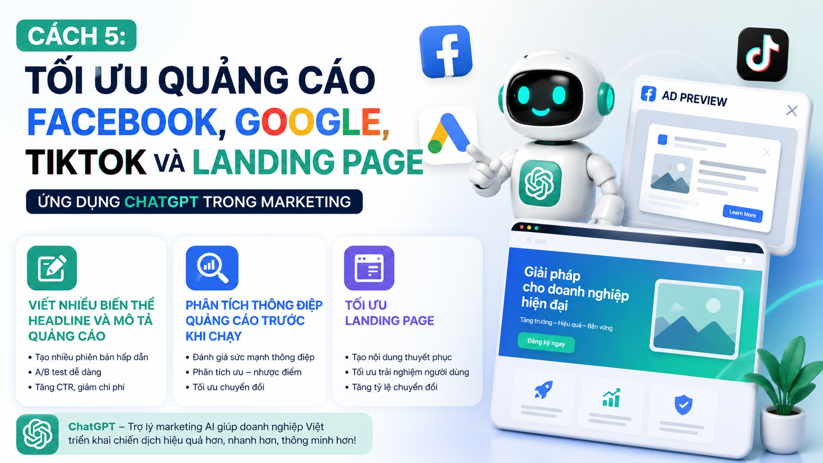 Cách 5: Tối ưu quảng cáo Facebook, Google, TikTok và landing page - chatgpt trong marketing
