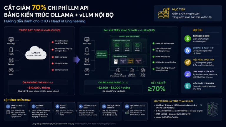 Cắt giảm 70% chi phí LLM API bằng kiến trúc Ollama + vLLM nội bộ: hướng dẫn dành cho CTO/Head of Engineering - Ollama, vLLM