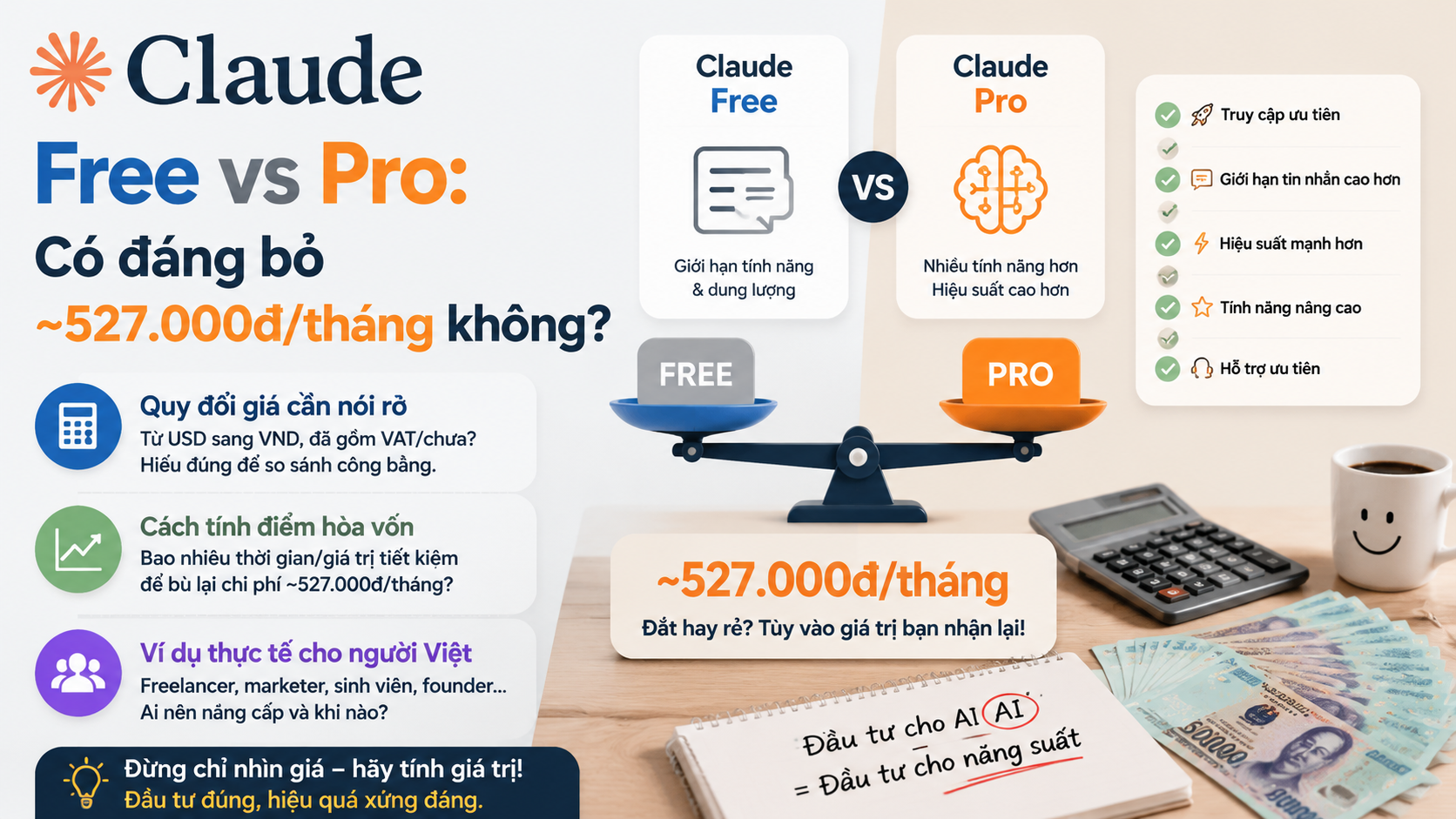 Chi phí ~527.000đ/tháng: đắt hay rẻ? - claude free vs pro