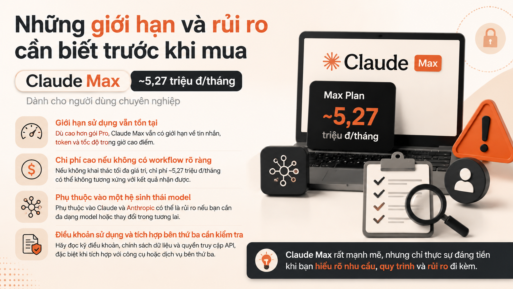 Những giới hạn và rủi ro cần biết trước khi mua Claude Max Những giới hạn và rủi ro cần biết trước khi mua Claude Max - claude max có đáng tiền không