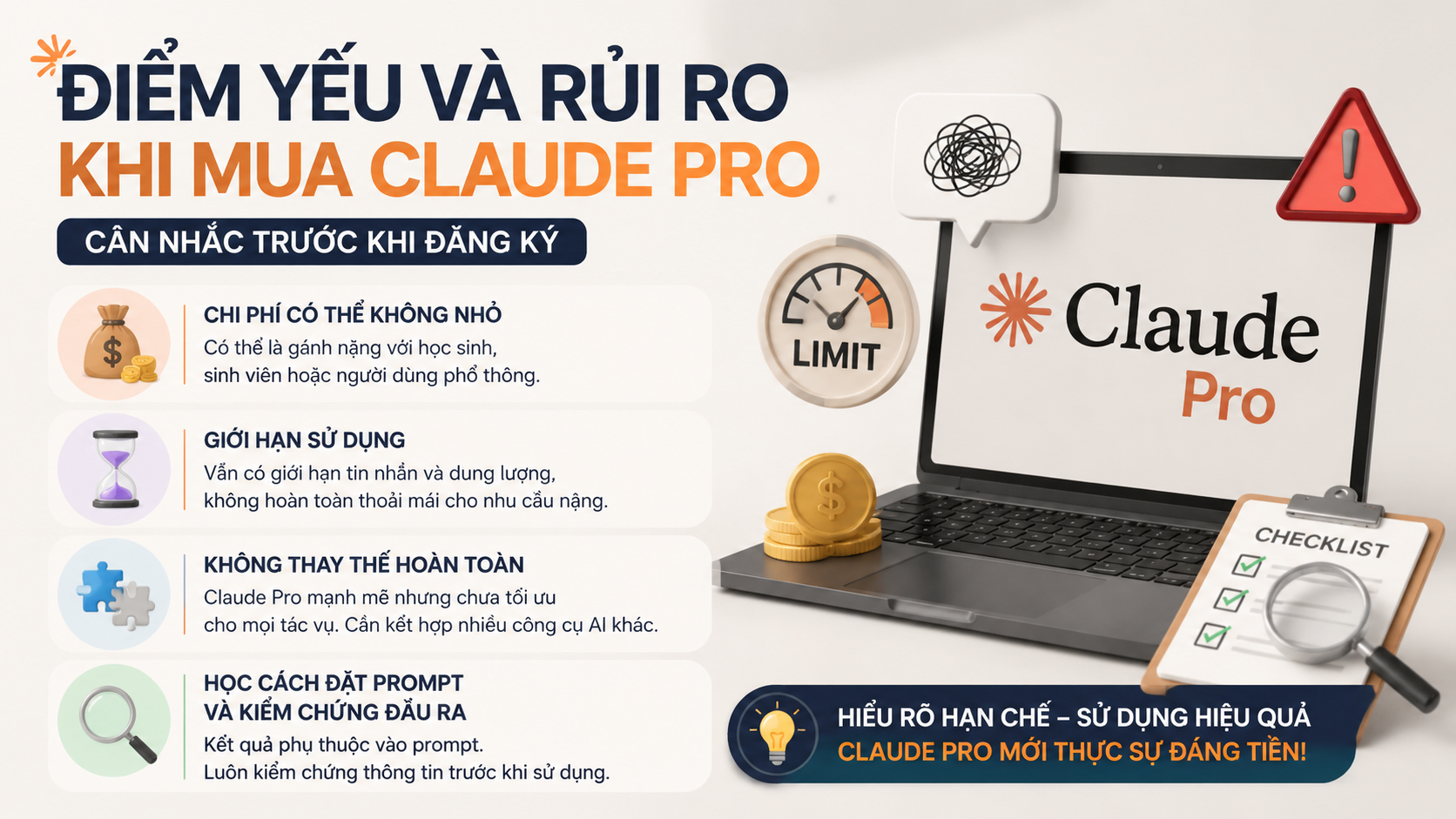 Điểm yếu và rủi ro khi mua Claude Pro - claude pro có đáng tiền không