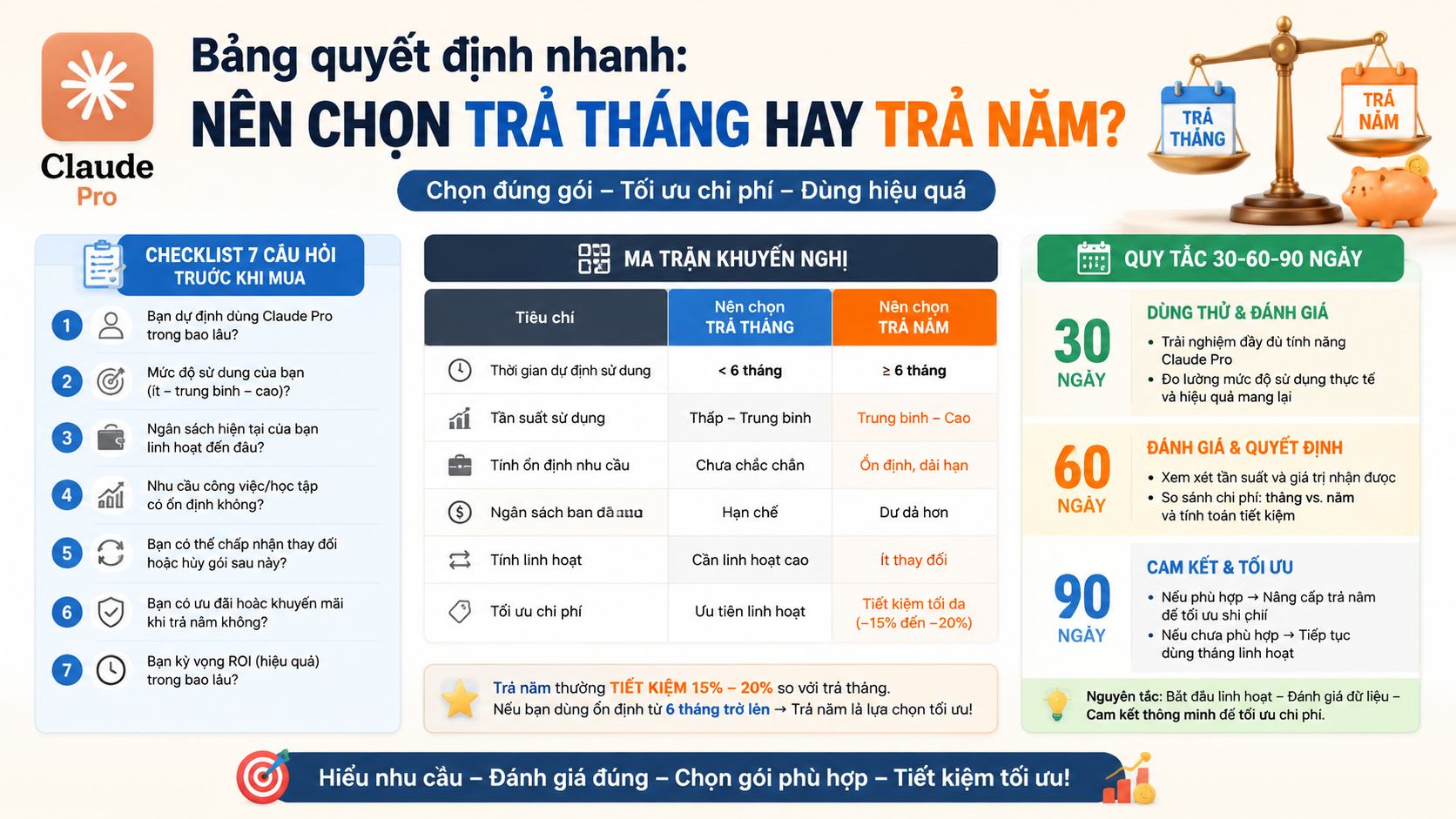 Bảng quyết định nhanh: nên chọn trả tháng hay trả năm? - claude pro trả tháng hay trả năm