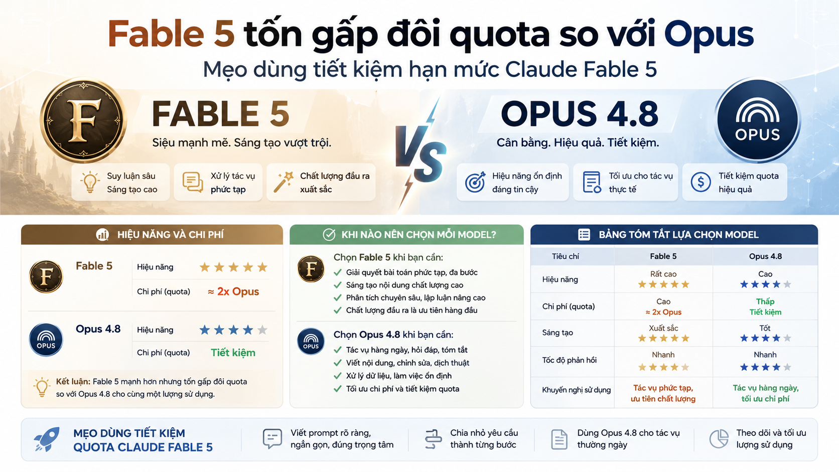 So sánh Fable 5 và Opus 4.8 - Fable 5 tốn quota, hạn mức Claude Fable 5