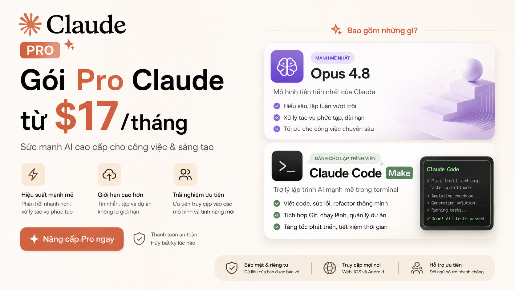 Gói Pro Claude từ $17/tháng: dùng được Opus 4.8 & Claude Code - gói pro claude