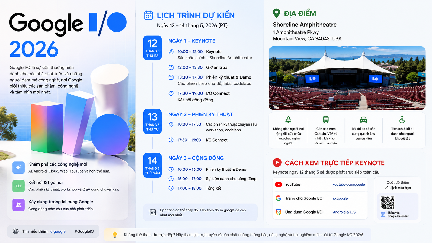 Google I/O 2026: Lịch trình, địa điểm Shoreline Amphitheatre và cách xem trực tiếp keynote - Google I/O 2026: Lịch trình, địa điểm Shoreline Amphitheatre và cách xem trực tiếp keynote
