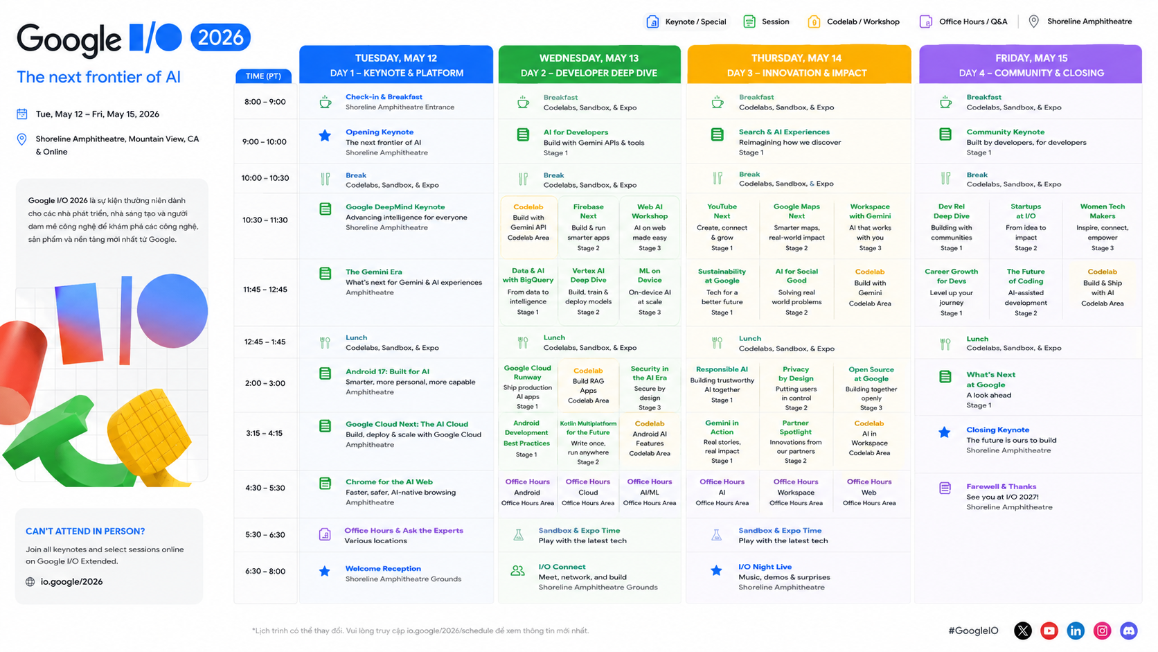 Lịch trình chi tiết Google I/O 2026 - Google I/O 2026: Lịch trình, địa điểm Shoreline Amphitheatre và cách xem trực tiếp keynote