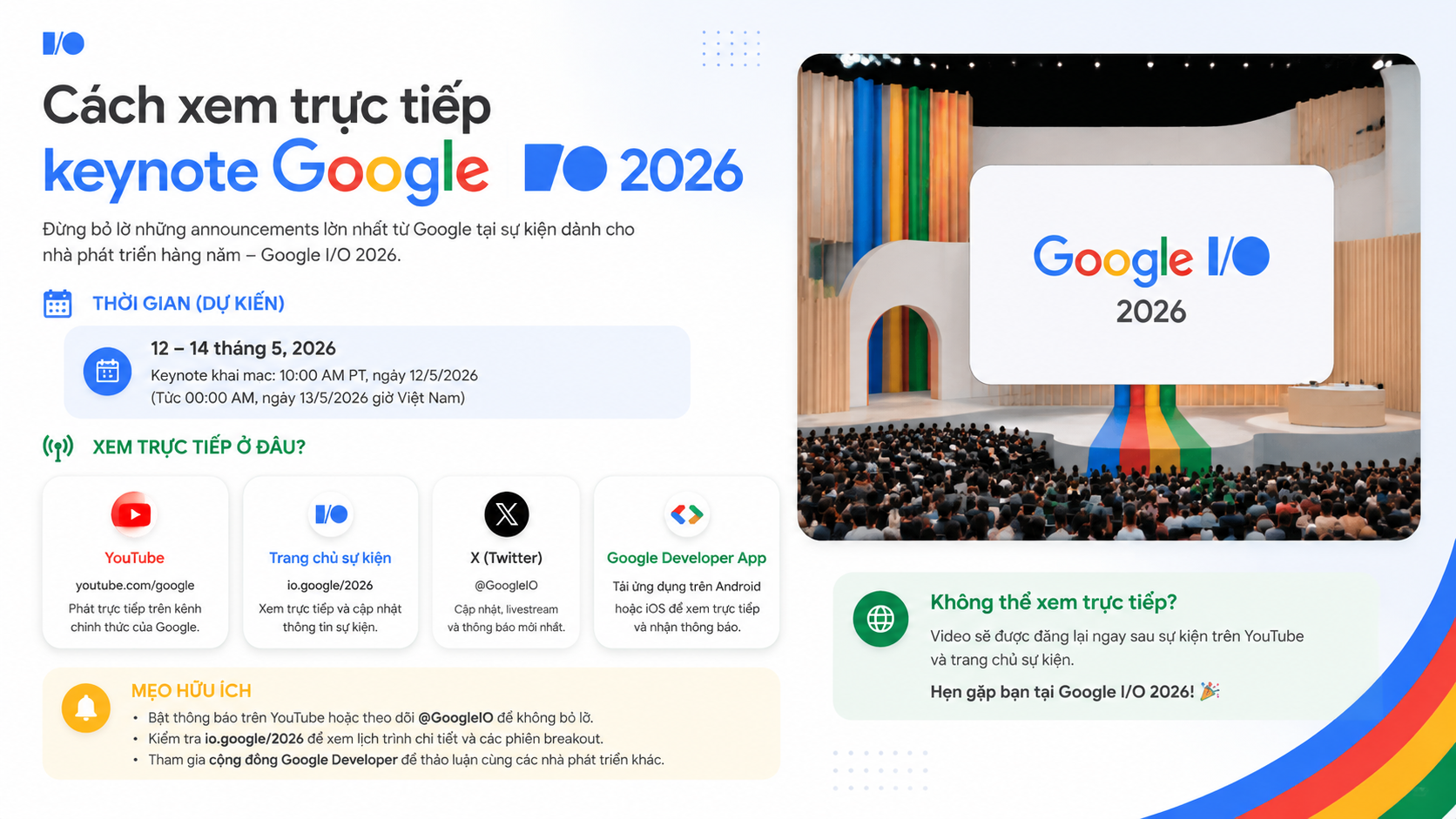 Cách xem trực tiếp keynote Google I/O 2026 - Google I/O 2026: Lịch trình, địa điểm Shoreline Amphitheatre và cách xem trực tiếp keynote