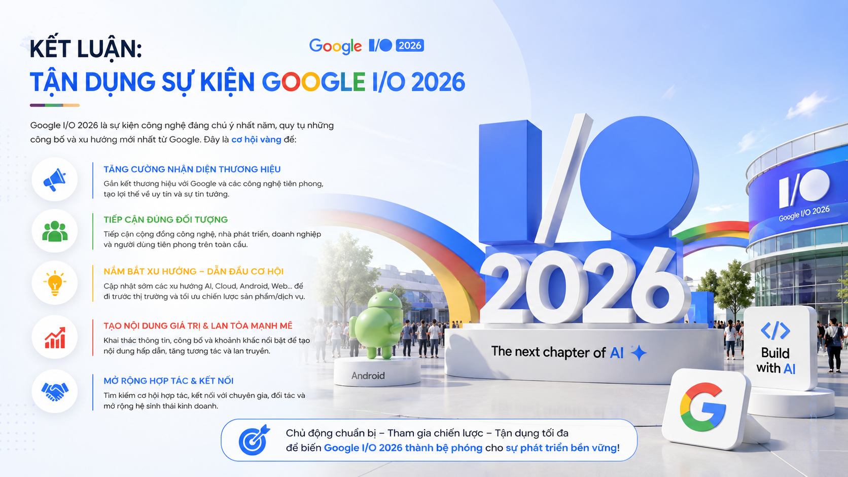 Kết luận: Tận dụng sự kiện Google I/O 2026 - Google I/O 2026: Lịch trình, địa điểm Shoreline Amphitheatre và cách xem trực tiếp keynote