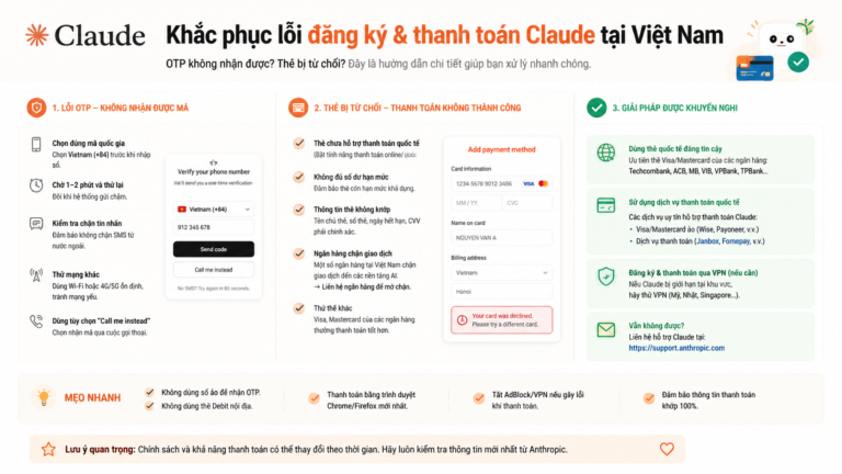 Khắc phục lỗi đăng ký & thanh toán Claude tại Việt Nam: OTP, thẻ bị từ chối - Khắc phục lỗi đăng ký & thanh toán Claude tại Việt Nam: OTP, thẻ bị từ chối