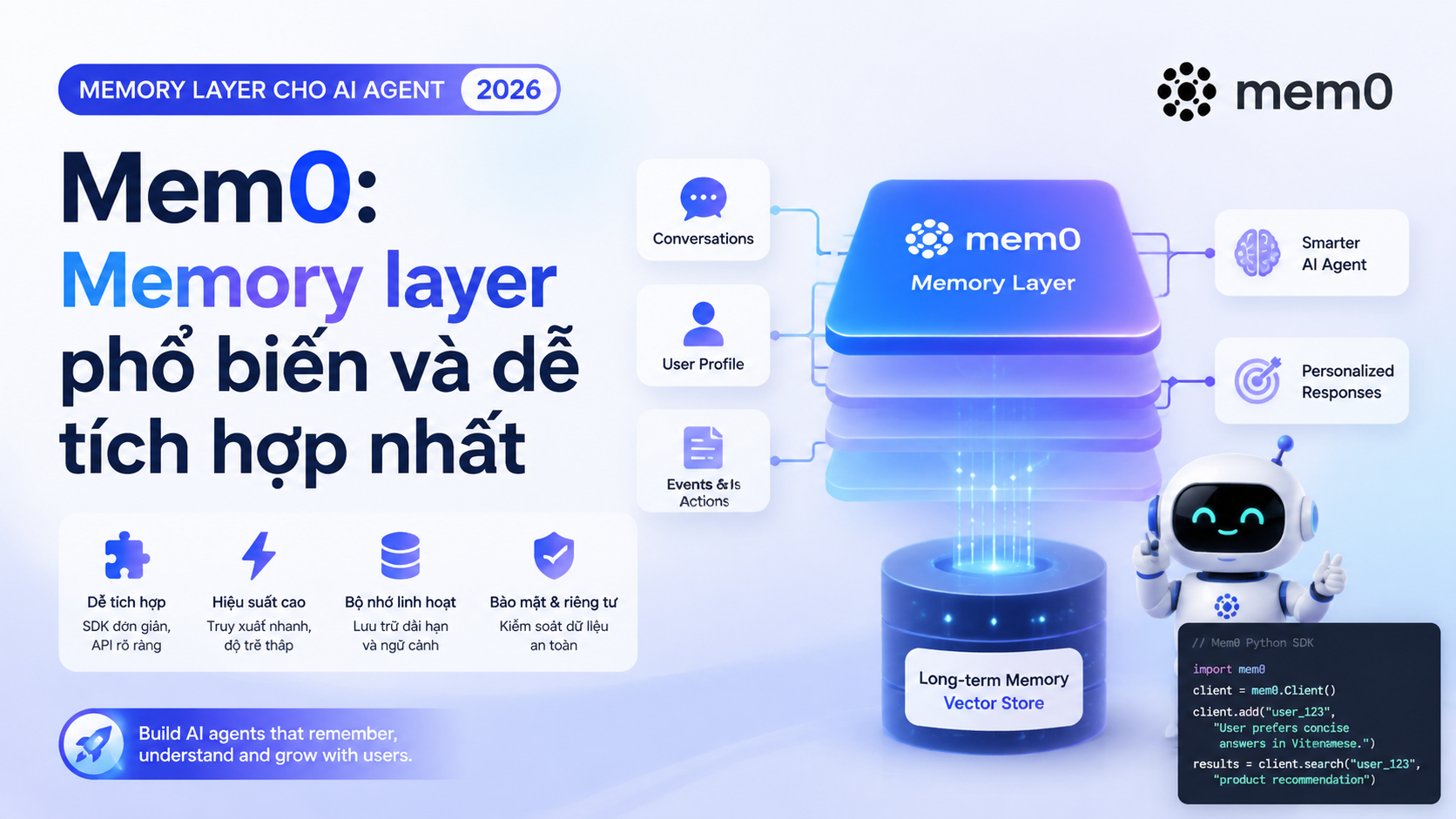 Mem0: Memory layer phổ biến và dễ tích hợp nhất - Mem0, Letta, Zep, Supermemory
