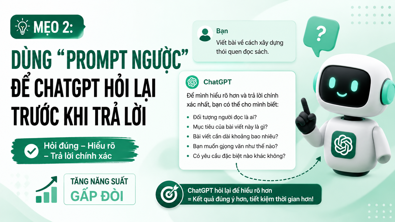 Mẹo 2: Dùng “prompt ngược” để ChatGPT hỏi lại trước khi trả lời - mẹo dùng chatgpt