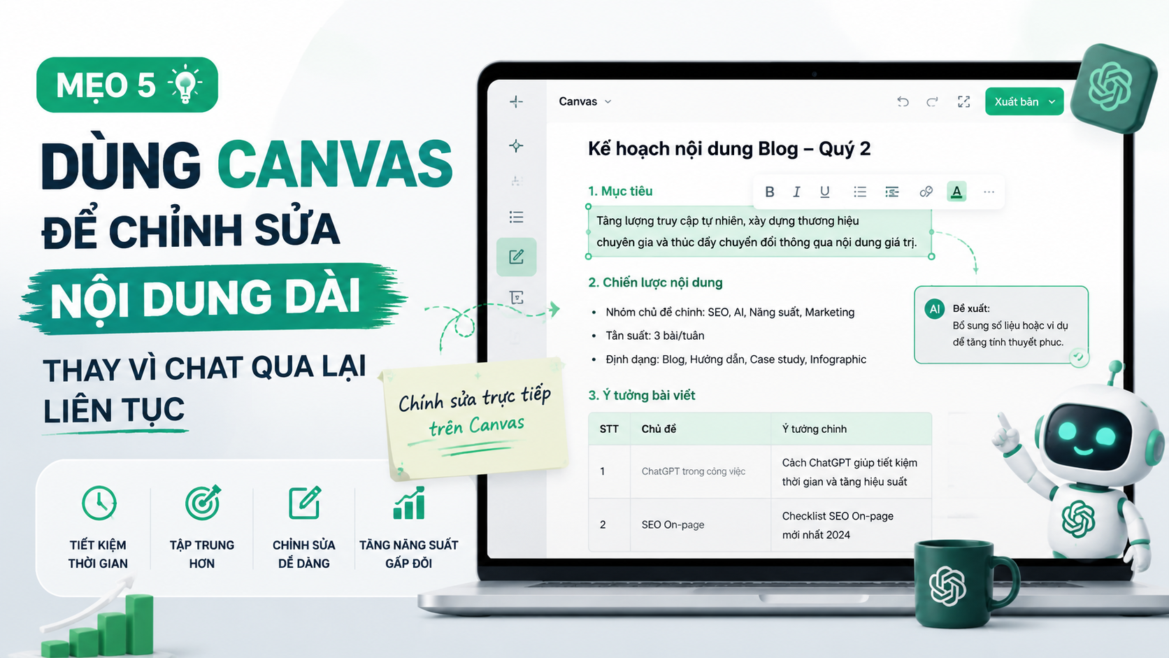 Mẹo 5: Dùng Canvas để chỉnh sửa nội dung dài thay vì chat qua lại liên tục - mẹo dùng chatgpt