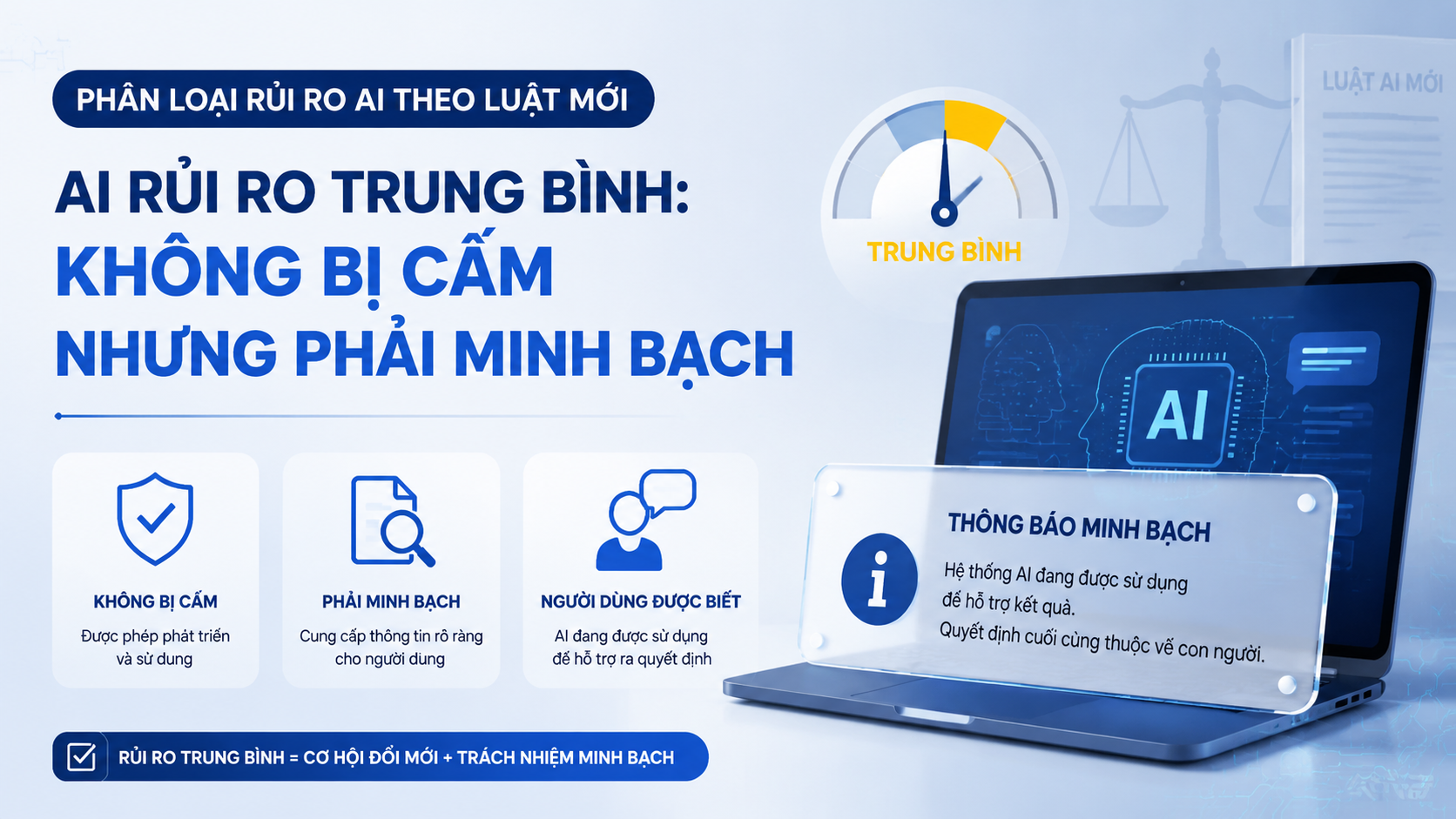 AI rủi ro trung bình: Không bị cấm nhưng phải minh bạch AI rủi ro trung bình: Không bị cấm nhưng phải minh bạch - phân loại rủi ro AI