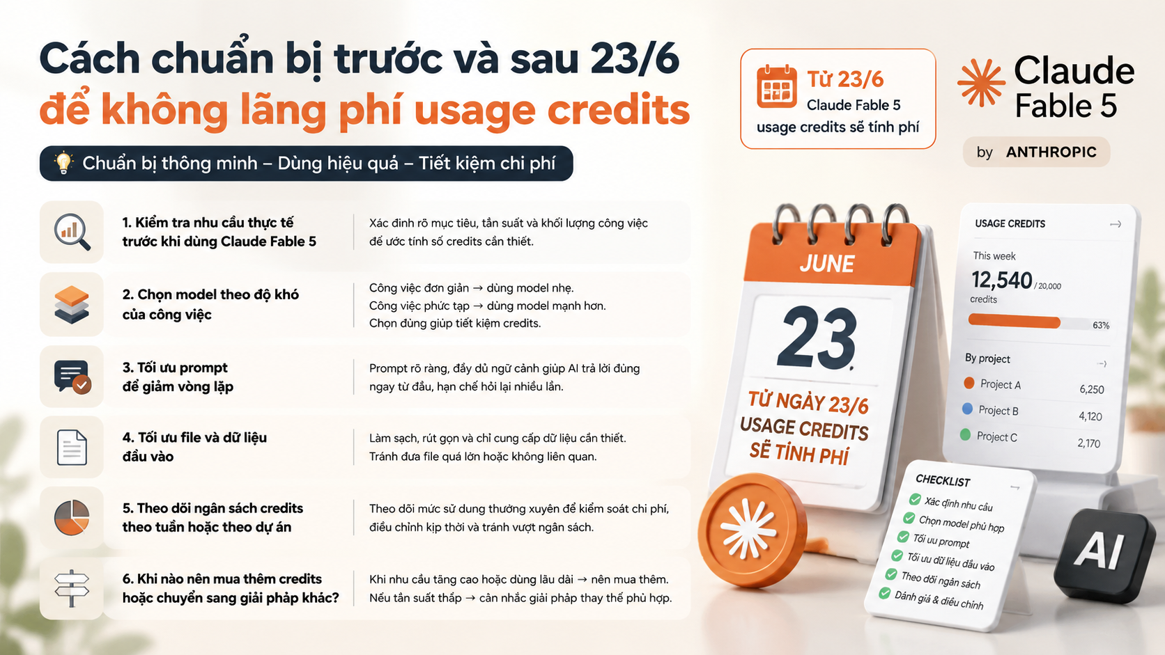 Cách chuẩn bị trước và sau 23/6 để không lãng phí usage credits - Claude Fable 5 usage credits, Fable 5 tính phí