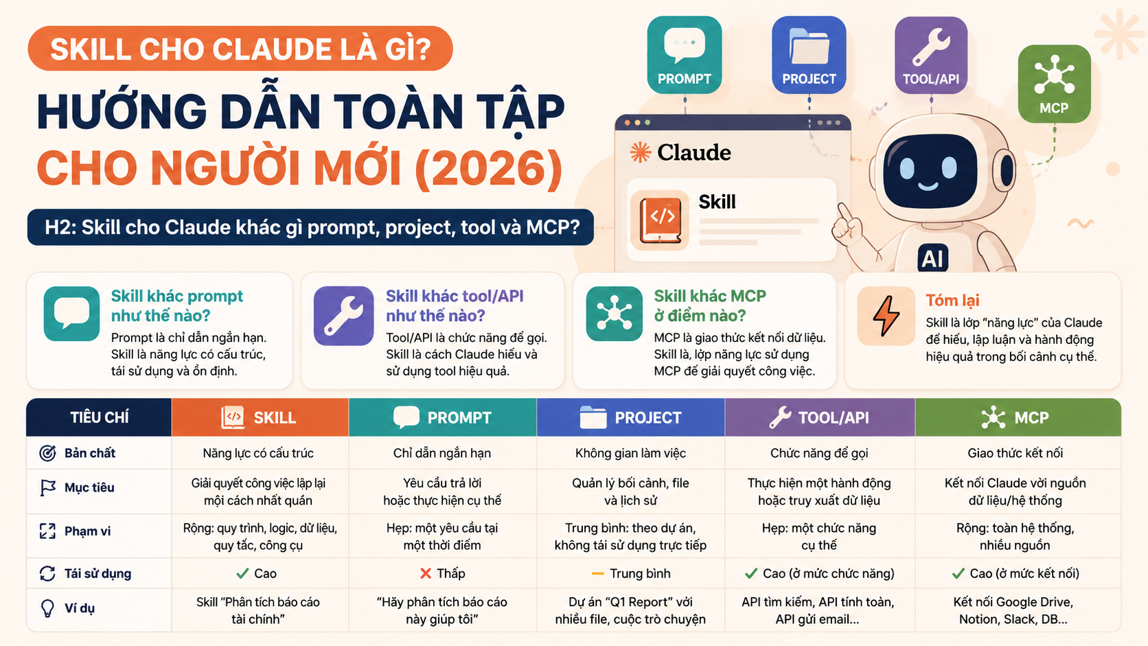 Skill cho Claude khác gì prompt, project, tool và MCP? Skill cho Claude khác gì prompt, project, tool và MCP? - Skill cho Claude