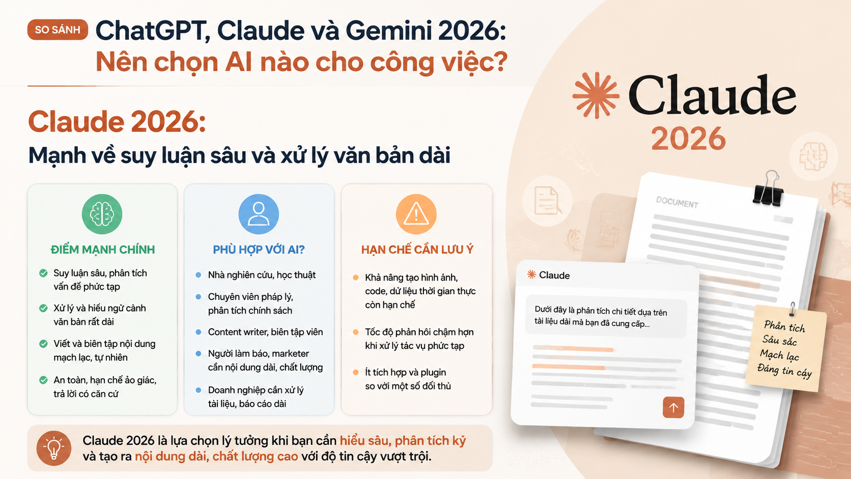 Claude 2026: Mạnh về suy luận sâu và xử lý văn bản dài - so sánh ChatGPT Claude Gemini