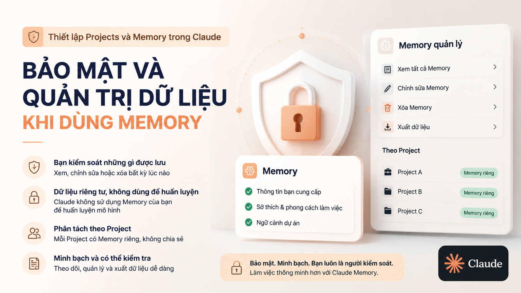 Bảo mật và quản trị dữ liệu khi dùng Memory - claude projects và memory
