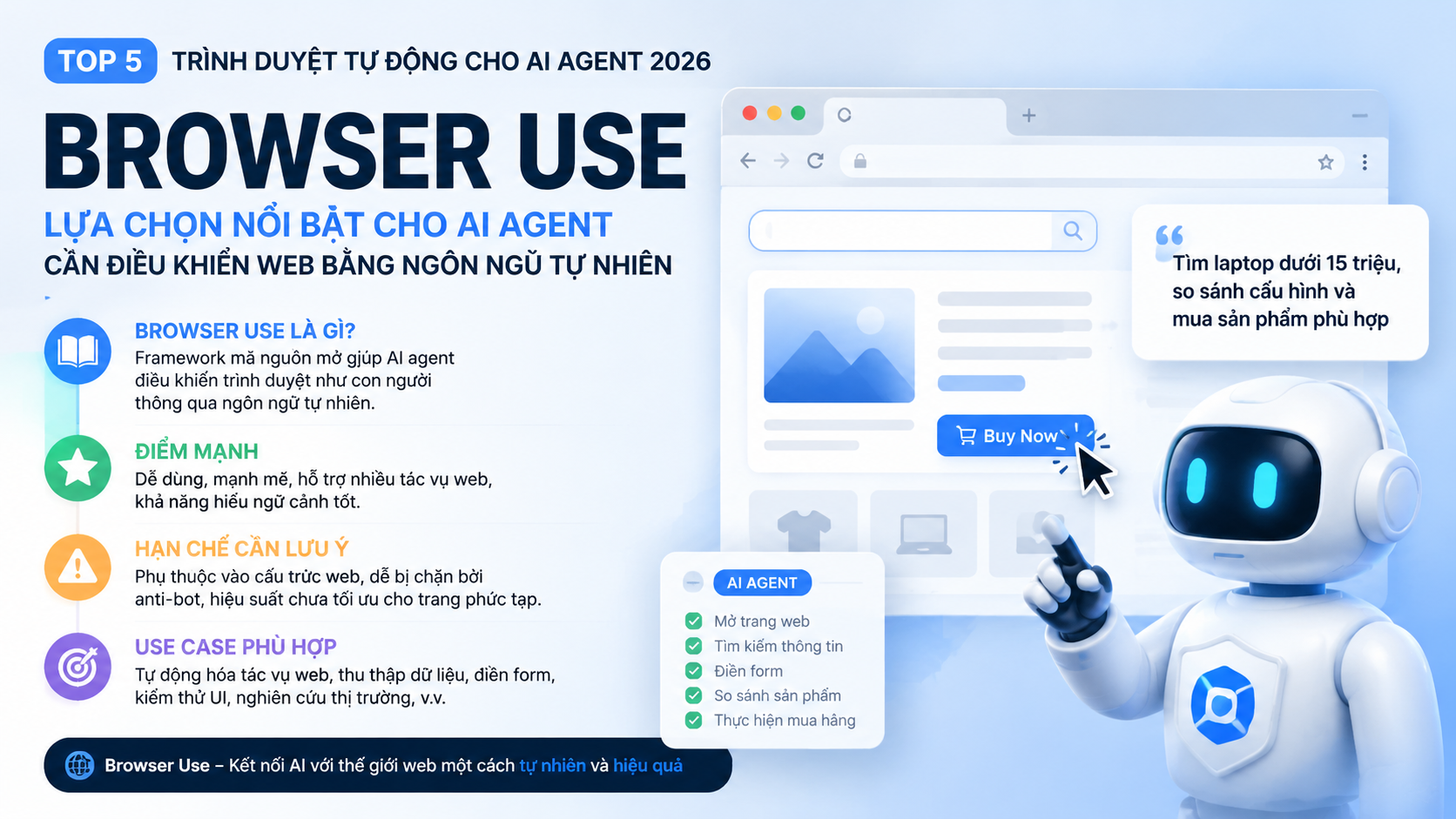 Browser Use: lựa chọn nổi bật cho AI agent cần điều khiển web bằng ngôn ngữ tự nhiên - Browser Use, Stagehand, Skyvern, UI-TARS