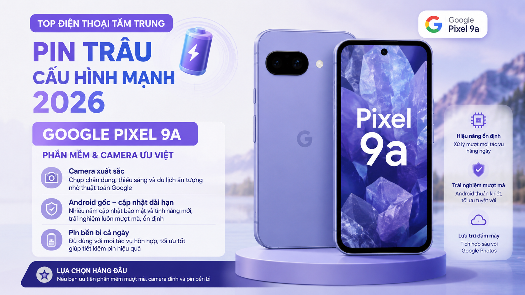 Google Pixel 9a – phần mềm & camera ưu việtGoogle Pixel 9a được nhiều chuyên gia đánh giá là một trong những điện thoại tầm trung nổi bật nhất năm 2026 nhờ sự cân bằng giữa pin, hiệu năng và camera, đồng thời có lợi thế về phần mềm. Theo APKQRI, Pixel 9a là một lựa chọn hàng đầu trong phân khúc này nhờ camera mạnh, pin bền và cam kết cập nhật dài hạn.Với Android gốc, Google cung cấp nhiều cập nhật bảo mật và tính năng mới trong nhiều năm, điều mà các model tầm trung khác khó cạnh tranh về mặt này. Camera của Pixel 9a nổi bật trong ảnh chụp chân dung, cảnh tối và ảnh du lịch nhờ thuật toán xử lý ảnh mạnh mẽ, giúp người dùng không cần quá dựa vào thông số ống kính cao cấp.Pin của máy đủ dùng cho cả ngày với tác vụ hỗn hợp, và trải nghiệm người dùng mượt mà, ổn định khiến đây là lựa chọn hàng đầu nếu bạn ưu tiên sự trơn tru và tuổi thọ phần mềm.3.4 Samsung Galaxy A57/A36 – cân bằng tổng thể - điện thoại tầm trung 2026