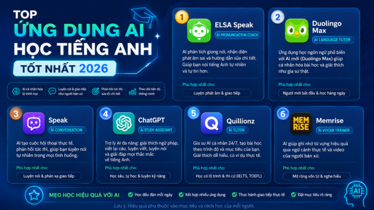 Top ứng dụng AI học tiếng Anh tốt nhất 2026 - ứng dụng AI học tiếng Anh